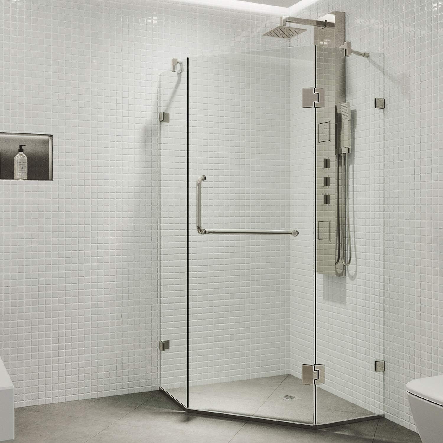 VIGO Piedmont 38 in. L x 38 in. W x 73 in. H Frameless Hinged Neo-angle Shower Enclosure in Brushed Nickel with Clear Glass-VG6062BNCL40
