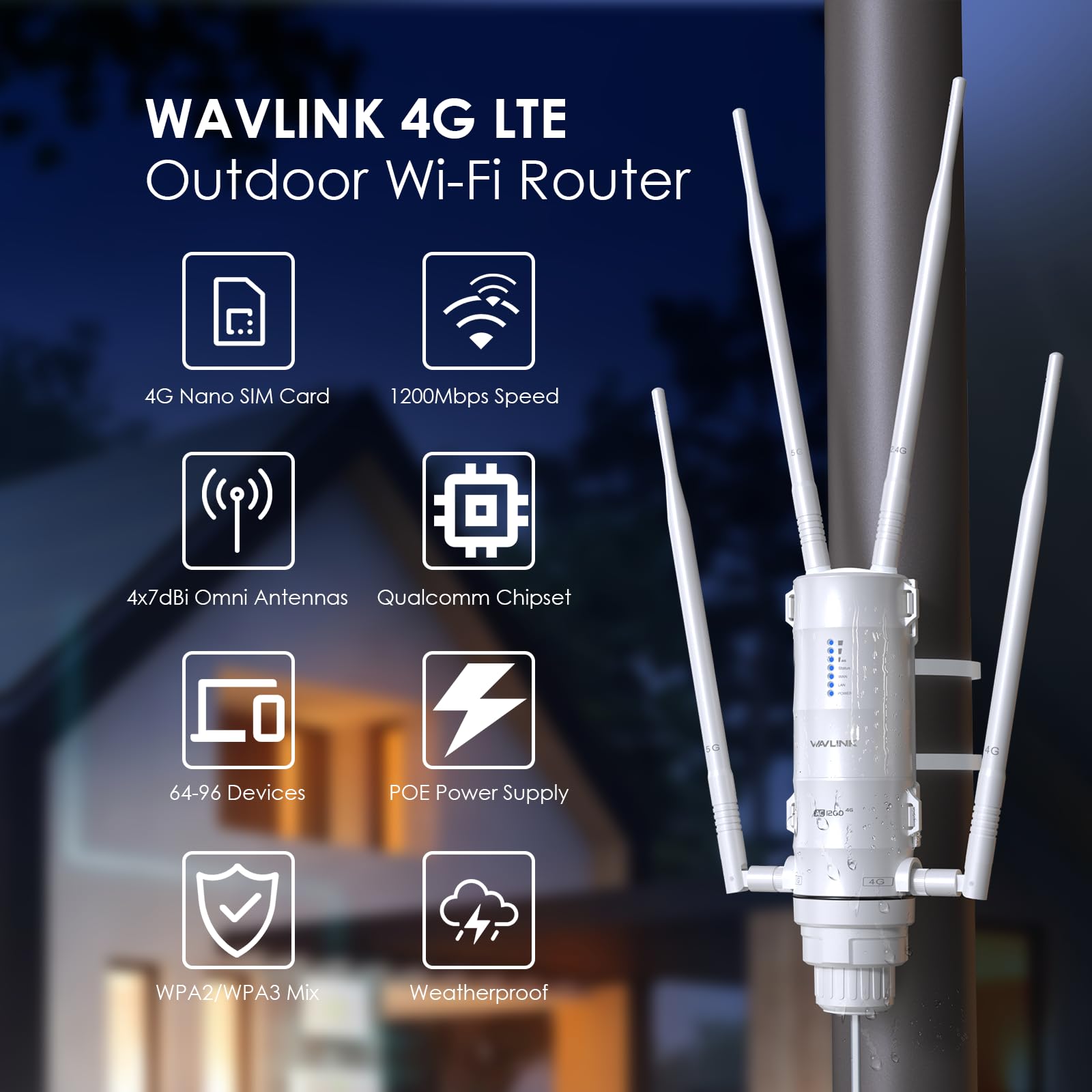 Ripetitore WiFi Esterno Potente Wavlink AC1200 4G LTE Dual Band Alta Potenza con Antenna Lunga Portata 7dBi e Slot SIM - Amplificatore WiFi Outdoor PoE per Copertura Estesa Fino a 200m