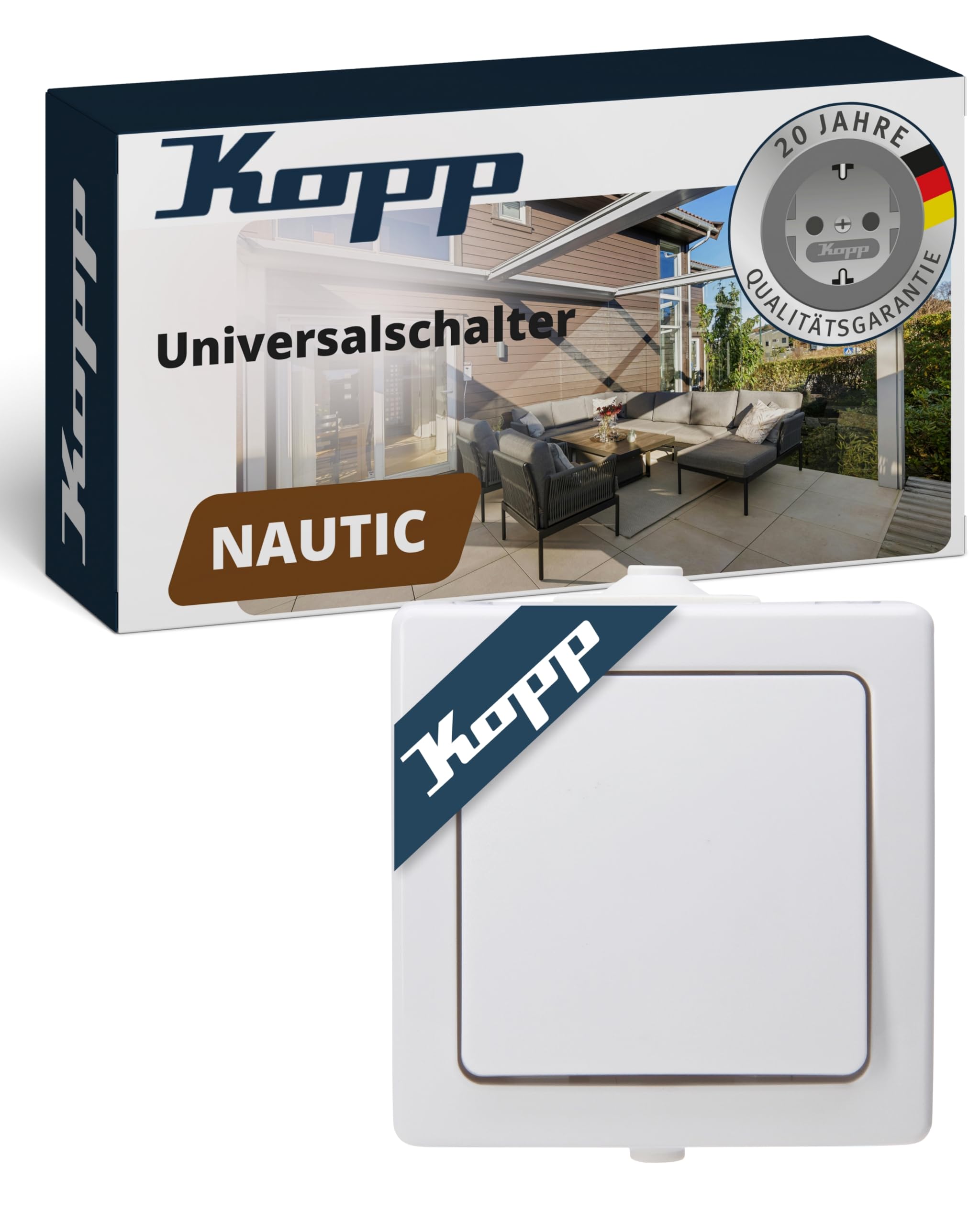 Kopp NAUTIC Universalschalter in Arktis-Weiß - 1-fach Lichtschalter-Aufputz mit 10AX Schaltvermögen - Sicherer IP44 Feuchtraum-Schalter-Aufputz - Hochwertiger Aus-Wechselschalter 250V~