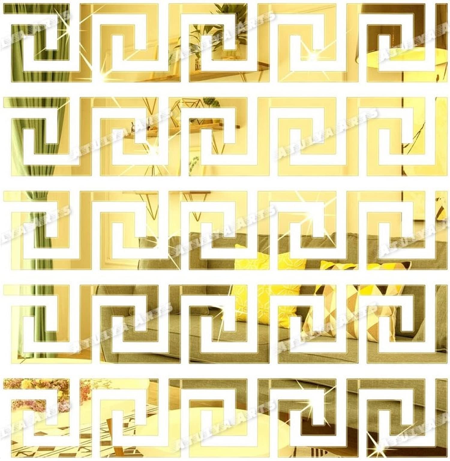 30 PCS 4inch Greek Key Pattern Geometric Mirror Wall Sticker, Self Adhesive 3D Acrylic Stickers for Wall, Mirror Golden Decorative Wall Stickers for Living Room Bedroom Home Decor (Gold)