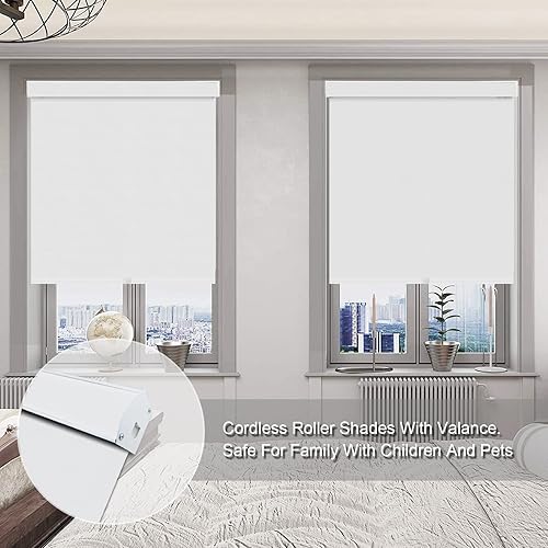 Vista 2 de Yin Yang Persianas opacas con cenefa inalámbrica, cortinas de tela filtrante de luz UV blanca, persianas enrollables con cenefa de metal cubierta