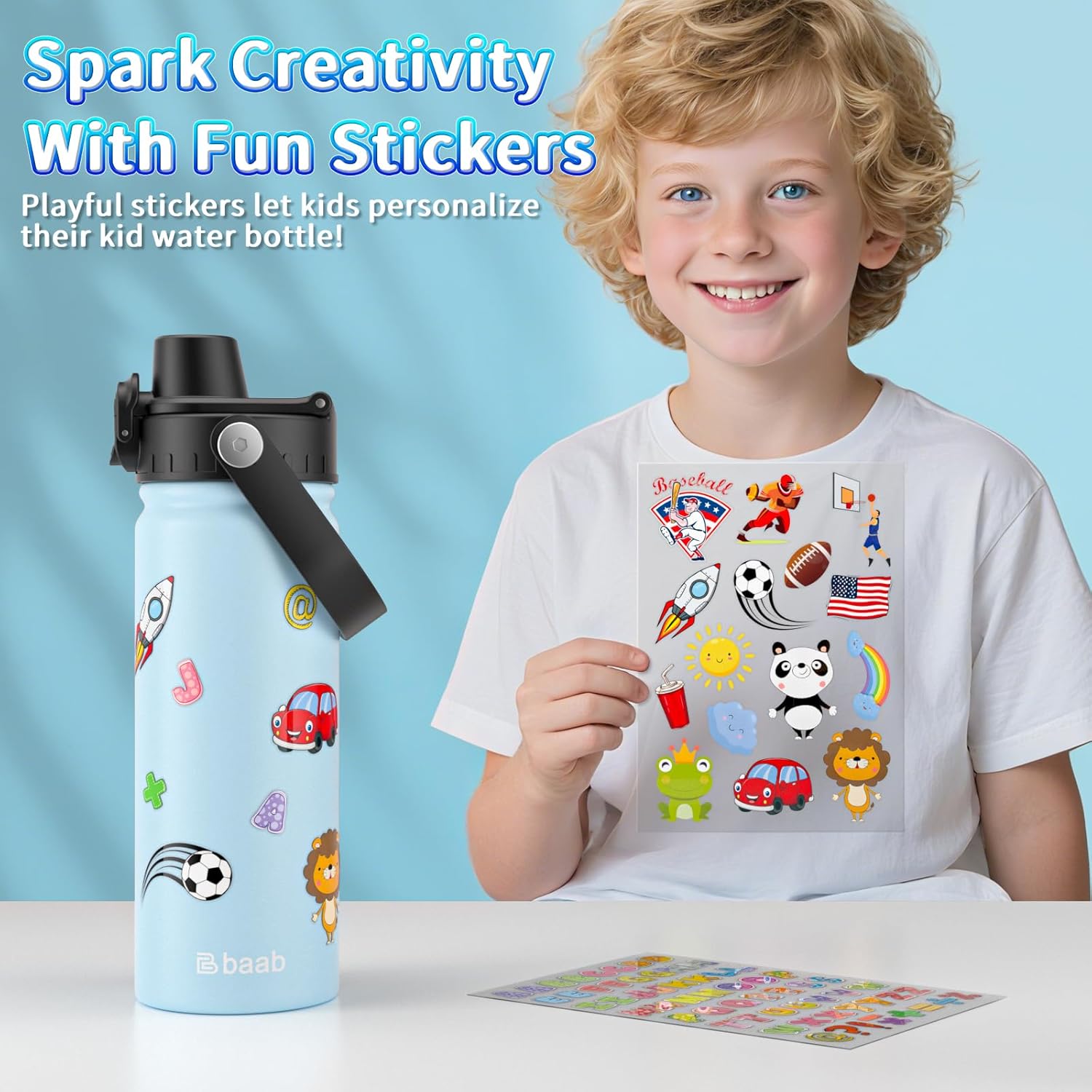 baab 18oz Kids Water Bottle, Insulated Kids Water Bottle with Lockable Spout Lid & Stickers, 18/8 Stainless Steel Vacuum Leakproof Kid Water Cup with Handle for School (Navy Blue+Light Blue, 2 Pack) - Image 5