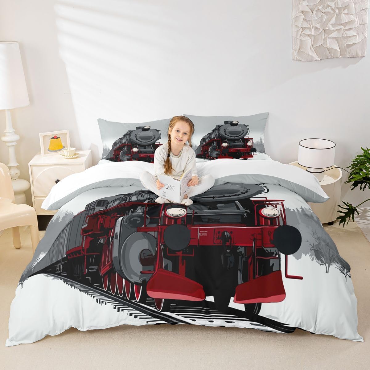 Feelyou Steam Engine Bedding Set Queen For Kids Boys, Locomotive Red Black Train on Steel Railway Track Travel Adventure Graphic Print, Decorative 3 Piece Comforter Cover with 2 Pillow Shams, Red Grey