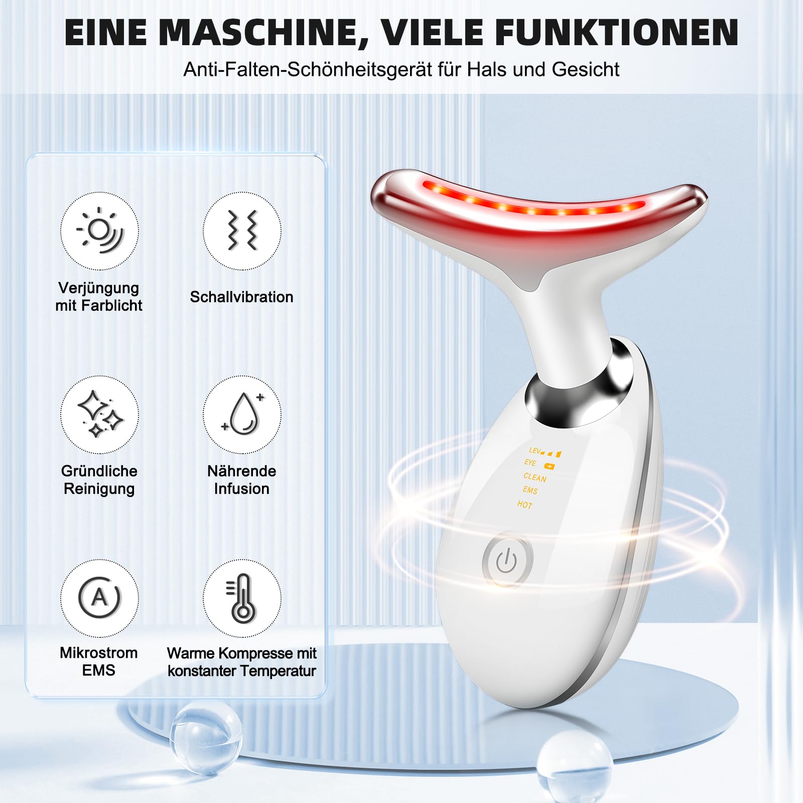 Nahaufnahme des NVKHG Gesichtsmassagegeräts, das die V-förmige Designkante und die LED-Lichtemitter zeigt.