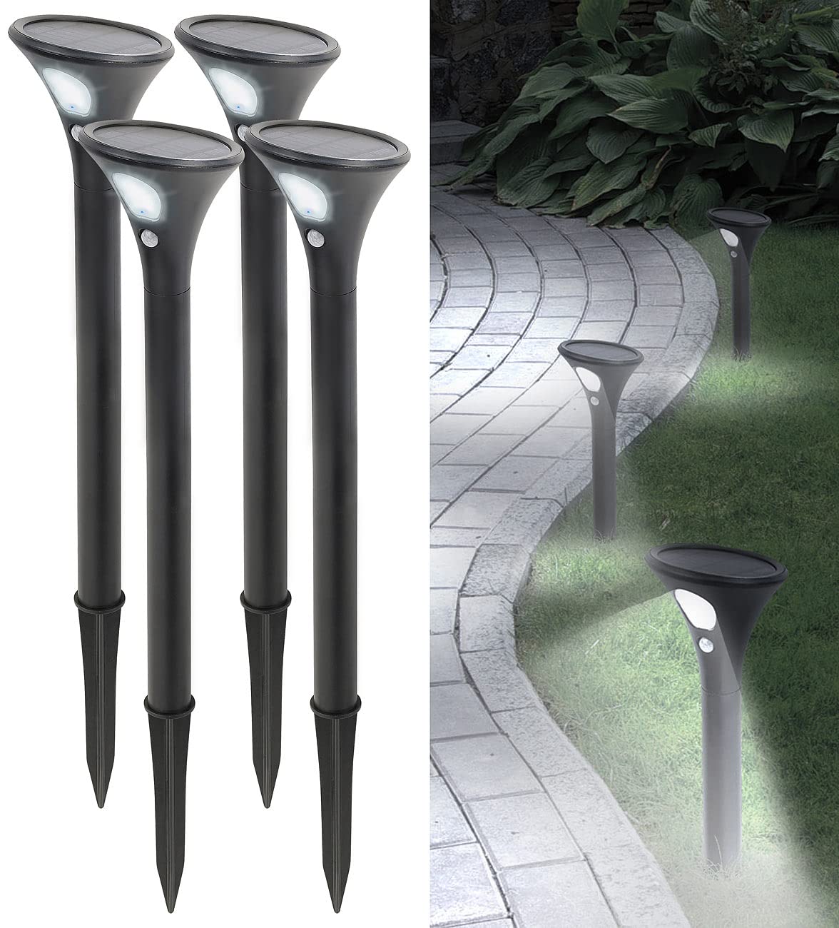 Lunartec Solarleuchte Gehweg: 4er-Set Design-Solar-Wegeleuchten, Licht- & Bewegungssensor, kaltweiß (Wegeleuchten Solar Bewegungsmelder, Steh-Gartenleuchte, Alarm)
