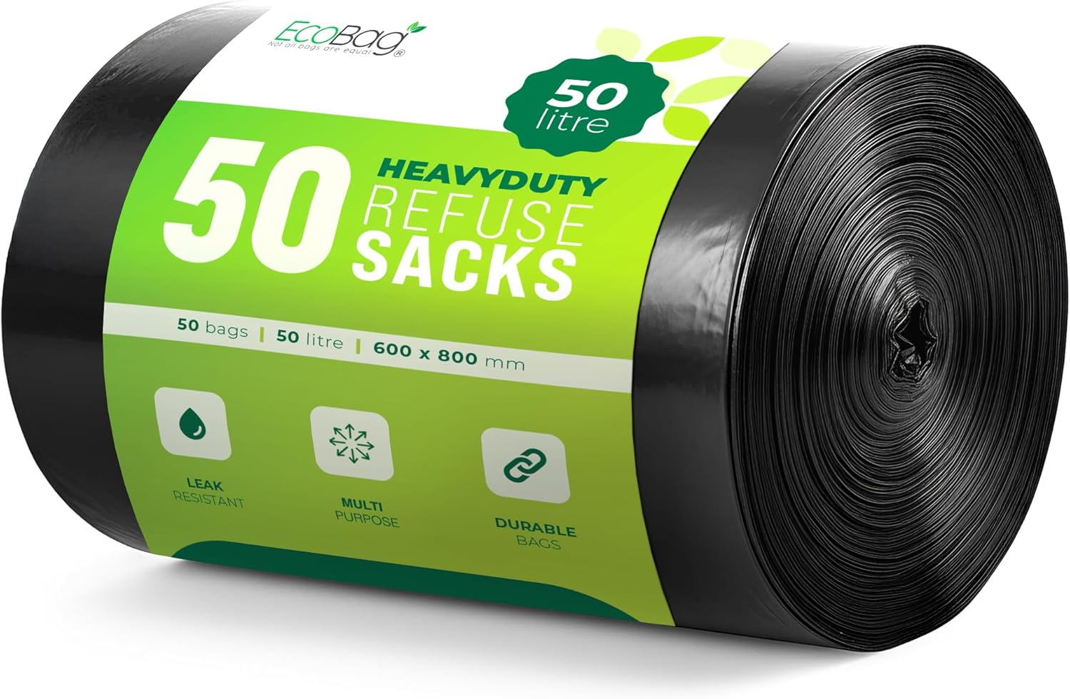 EcoBag - 50 Pack Strong Heavy Duty Refuse Sacks - Recyclable Bin Bags, Leak Resistant, Eco-Friendly, Durable Waste Disposal Bags For Large Kitchen Bins, Pedal Bins, Household, 33 Micron (Μm) /50l - Amazon product rated Grade B