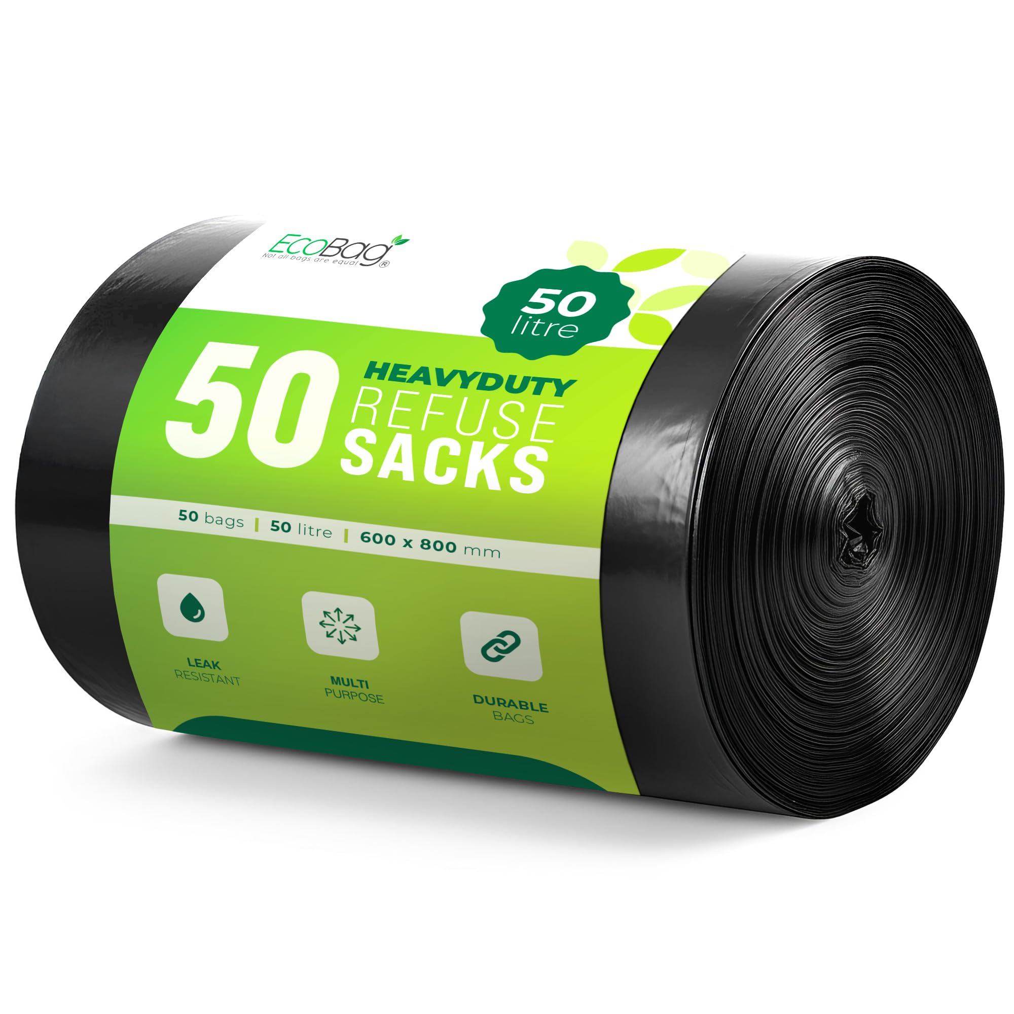 Ecobag 50L - 50 Pack Strong Heavy Duty Refuse Sacks - Recyclable Bin Bags, Leak Resistant, Eco-Friendly, Durable Waste Disposal Bags For Large Kitchen Bins, Pedal Bins, Household, 33 Micron (Μm)