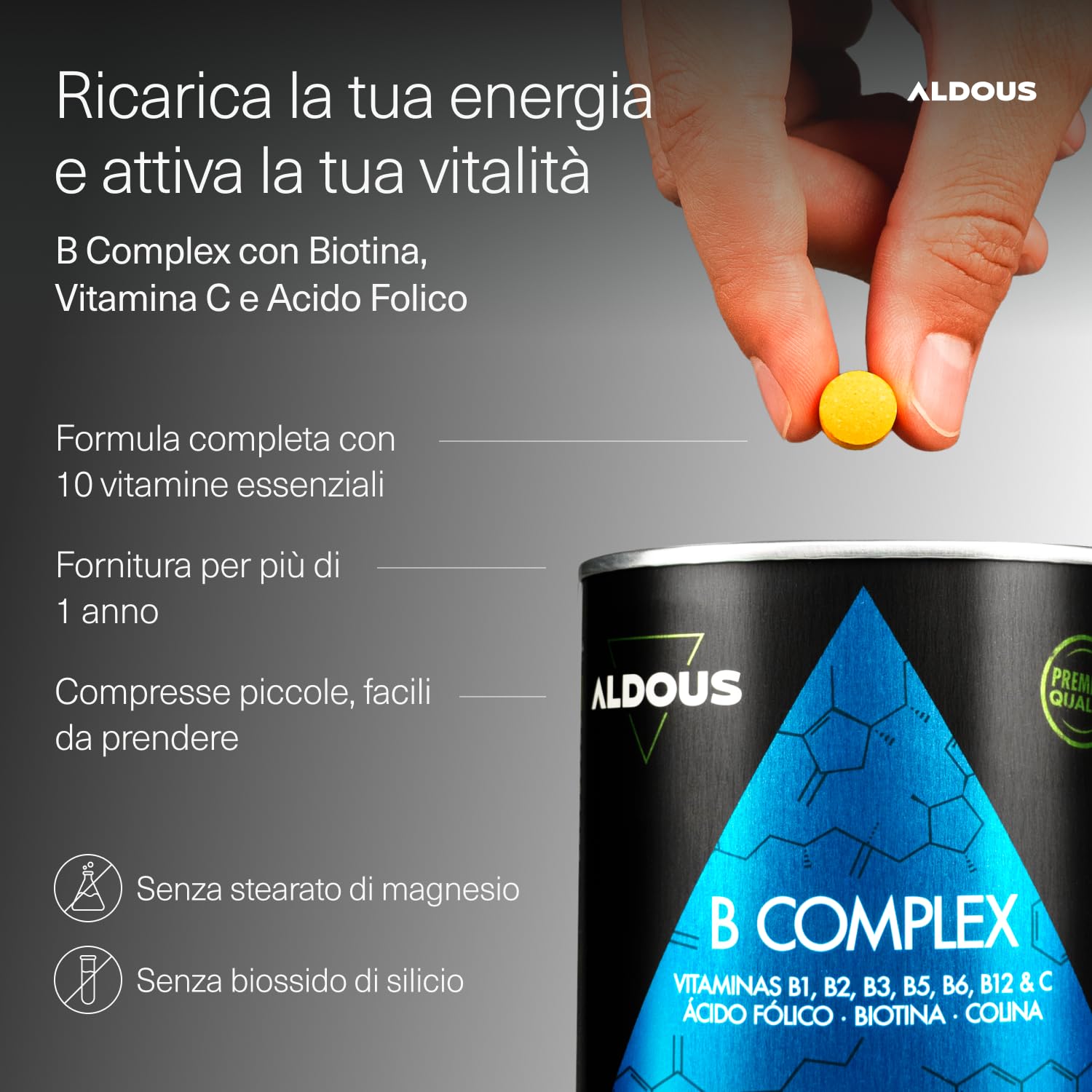 Vitamina B Complex Alto Dosaggio + Vitamina C - 400 Compresse Vegan - Multivitaminico - Vitamina B12, B1, B3, B4, B5, B6, Acido Folico, Biotina, Colina - Integratori Stanchezza - Vitamine B - ALDOUS