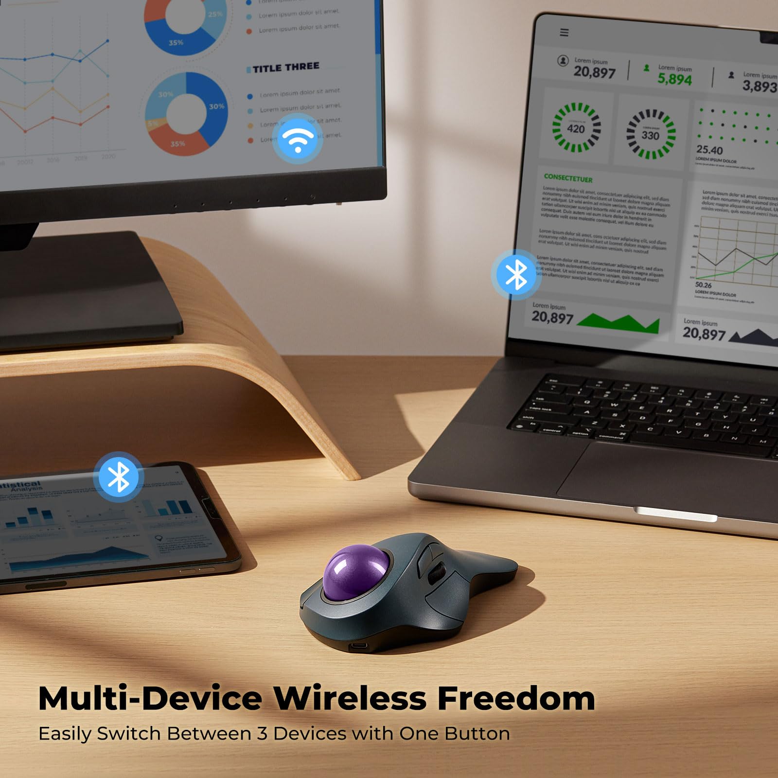 Mouse trackball wireless per mani grandi, facile controllo delle dita indice, design ergonomico, ricaricabile, tracciamento preciso e fluido, connessione a 3 dispositivi (Bluetooth o USB), compatibile
