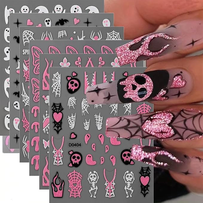 6 Sheets Halloween Nail Stickers for Nail Art, 3D Pink Glitter Skull Ghost Nail Art Stickers, Spiderweb Flame Flowers Nail Decals Stickers for Women Nail Art Supplies