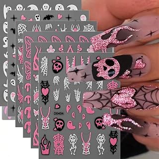 6Sheets Halloween Pink Glitter Nail Art Stickers Ghost Face Spider Flame Nail Decals Blood Drop Horror Skull Pink Butterfly Flower Nail Accessories Bat Spider Web Nail Art Stickers for Women DIY