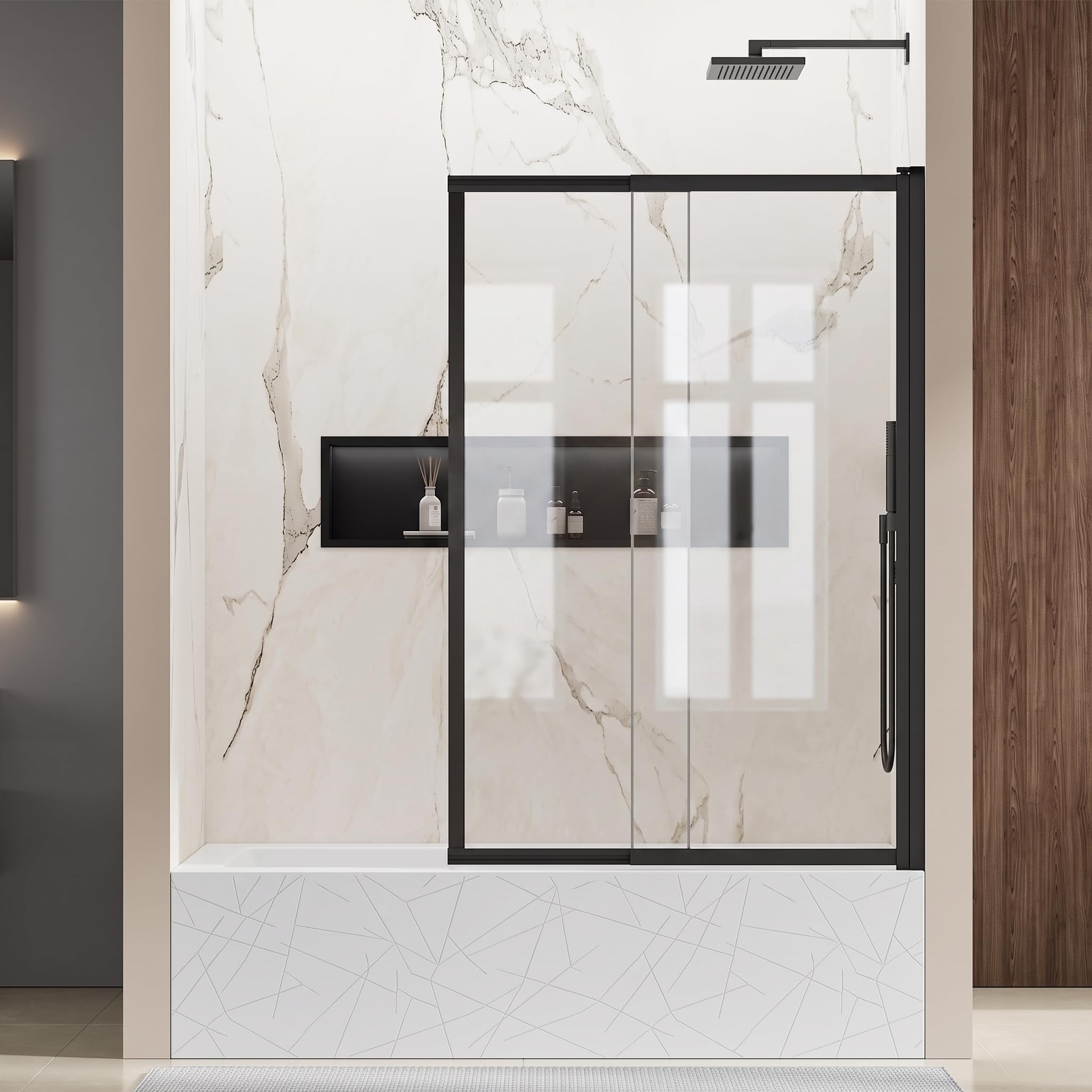 40 in.W x 59 in.H Frameless Pivot Tub Shower Screen Door, Black