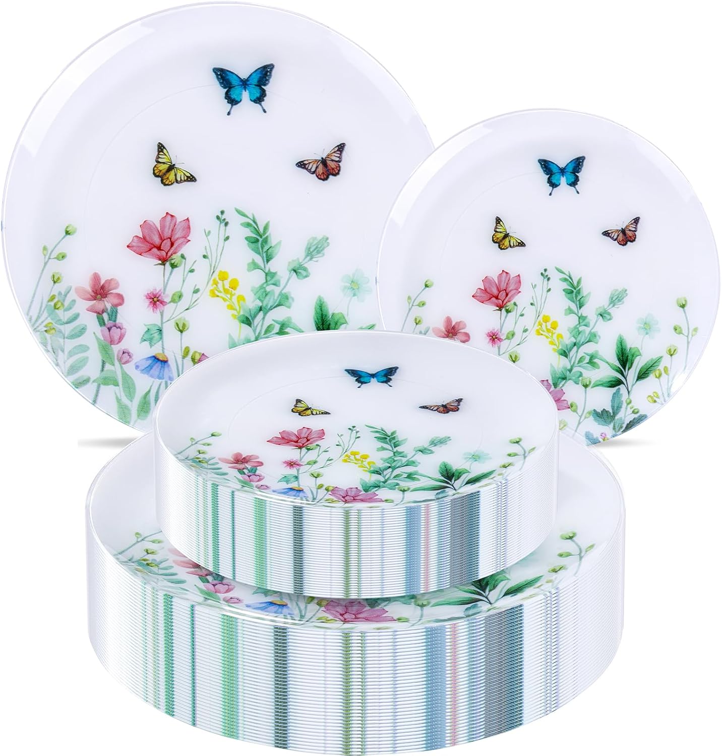 I00000 20Pcs Wildflower Plastic Plates,Spring Party Decorations,Butterfly Floral Plastic Dinnerware Set Include 10 Pcs Dinner and 10 Pcs Dessert Plates for Easter Dinner Party Supplies