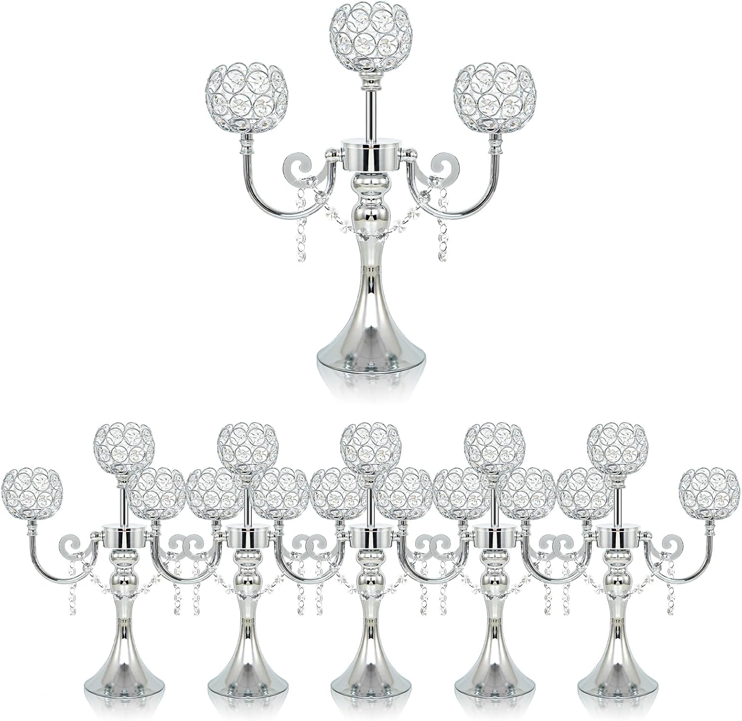 3-Arm Gold Metal Candelabra with Crystal Bowls, Tealight Holder Centerpiece for Birthday, Dining Table, Party Decor, Christmas and Home Decoration (6, Silver)