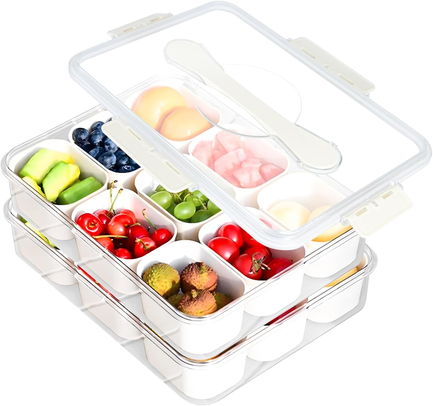 FEOOWV 2 Pack Portable Picnic Parties Fruit Tray, 9 Compartment Fridge Food Veggie Condiment Divided Serving Preservation Storage Containers, Kitchen Clear Snackle Box Candy Organizer with Lid Handle