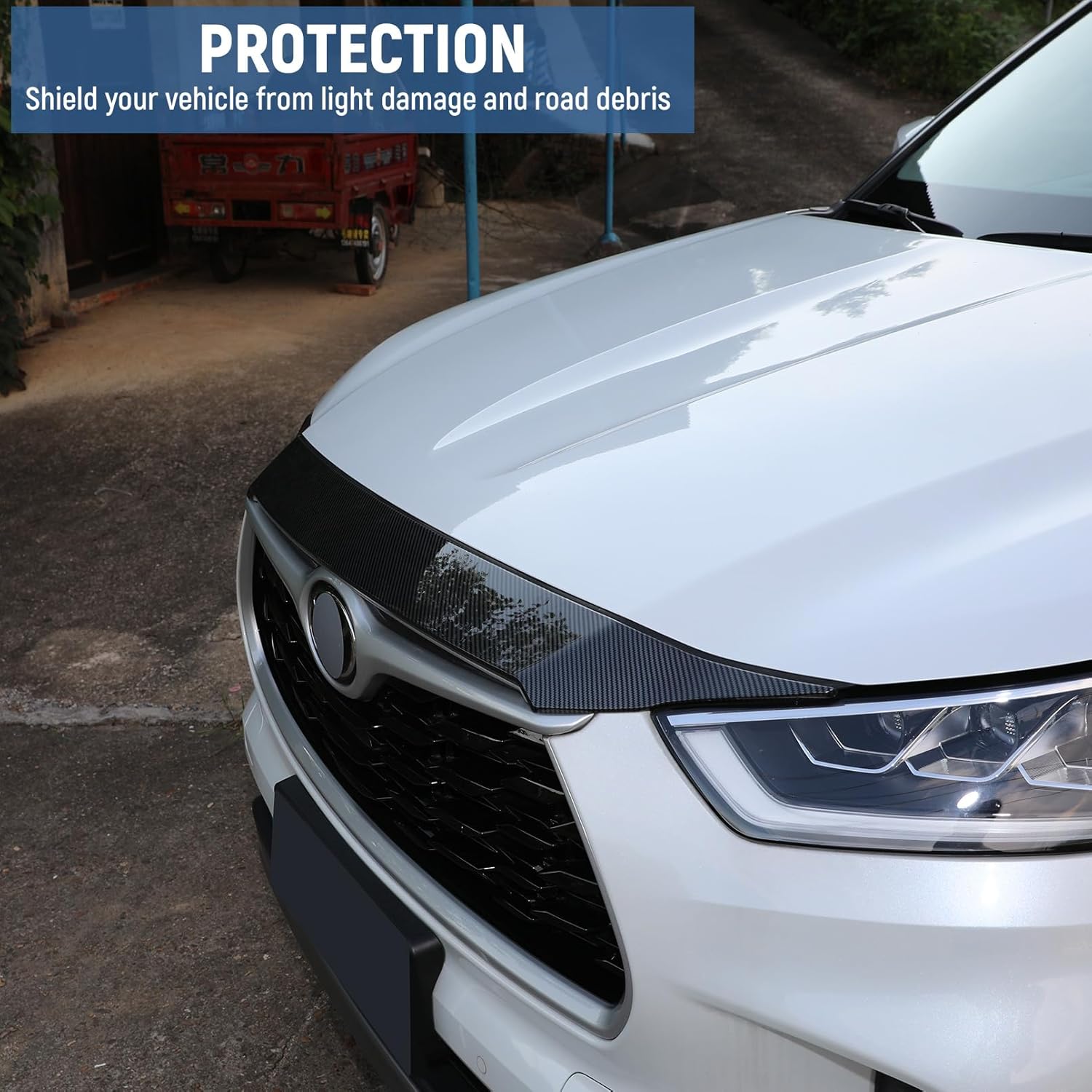 Hood Shield Protector for 2020-2025 Toyota Highlander Accessories, Carbon Fiber Bug Guard Deflector Exterior Front Grille Hood Cover Front Bumper Spoiler Hood Bonnet Deflector for Highlander