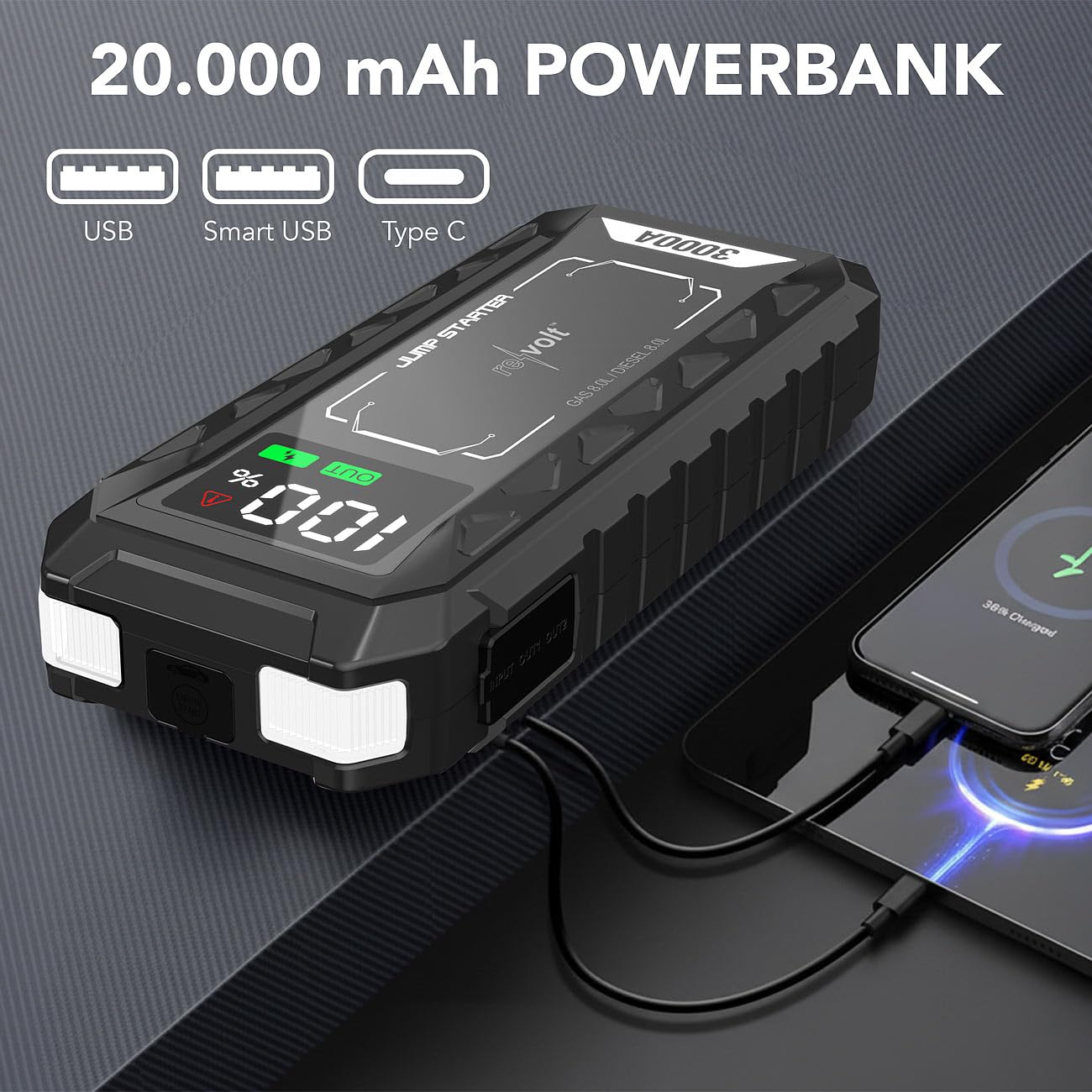 revolt Pkw Starthilfe-Powerbank: 2er-Set 3in1-Kfz-Starthilfe & Powerbank 20 Ah, 3.000 A, 60 W PD, QDSP (Autobatterie, Akku, Auto)