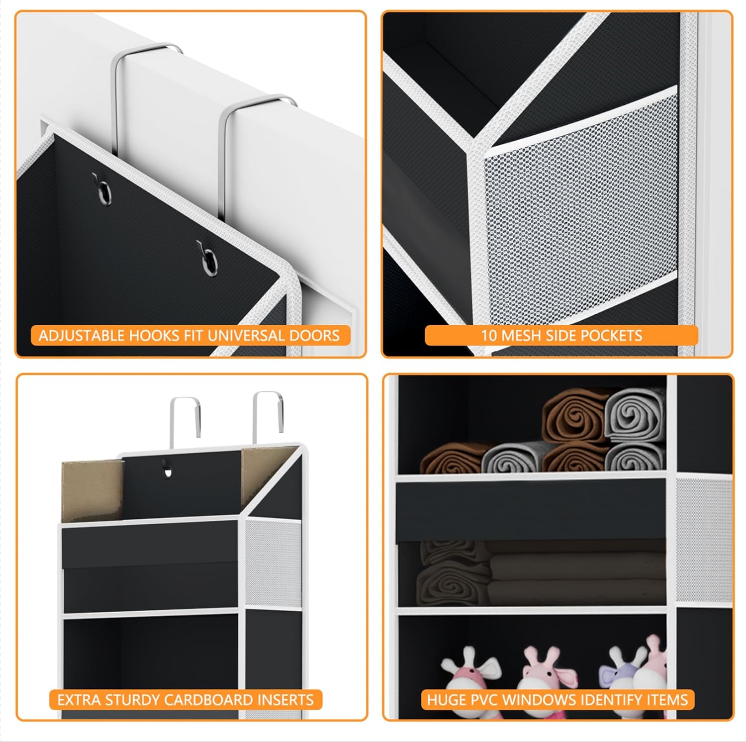 Over Door Organizer - Over The Door Storage Organizer with 5 Large Pockets & 10 Mesh Side Compartments - Heavy-Duty Hanging Storage for Bathroom, Bedroom & Nursery - Room Organizer Solution - Black