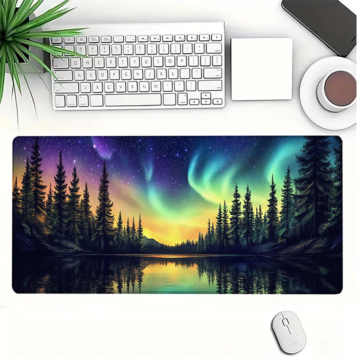Lejnlnng Podkładka pod mysz do gier XXL, 120 x 60 cm, zorza polarna, wodoodporna podkładka pod mysz XL, krajobraz, antypoślizgowa gumowa podkładka pod mysz z przeszytymi krawędziami, do biura, nauki