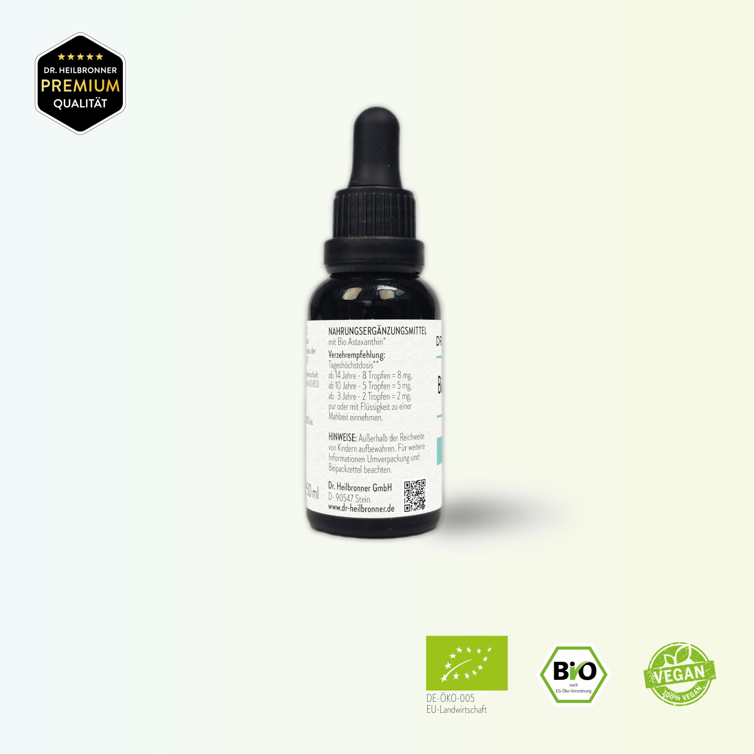 BIO Astaxanthin Tropfen - Hochdosiert - 30 ml = 720 Tropfen - 8 Tropfen = 8mg Astaxantin pro Tag = 90 Tage - Vegan - Liposomal - für Kinder - flüssig - liquid - bioverfügbar - Dr. Heilbronner