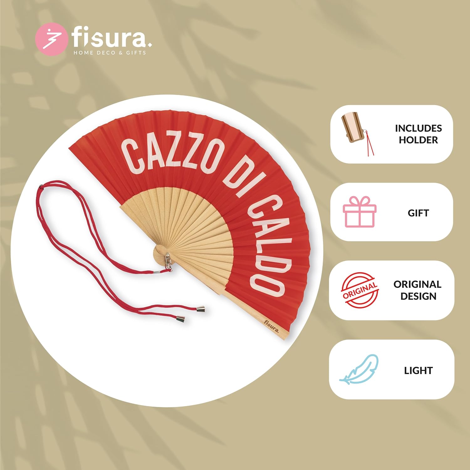 Fisura – Original Folding Fan with Message “C*zzo di Caldo”. Handheld folfing Fan for Women. Rave Wood Folding Hand Fan. Fans for Wedding, Party, Birthday, Gift, Decorations.