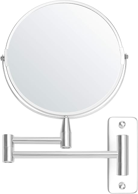 BELLE VOUS Chrome Wall Mounted Extendable 360° Swivel Mirror - 5X Magnification - 22 x 20.7cm/8.66 x 8.14 inches - Double-Sided Rotating Stainless Steel Bathroom Vanity Mirror for Makeup and Shaving