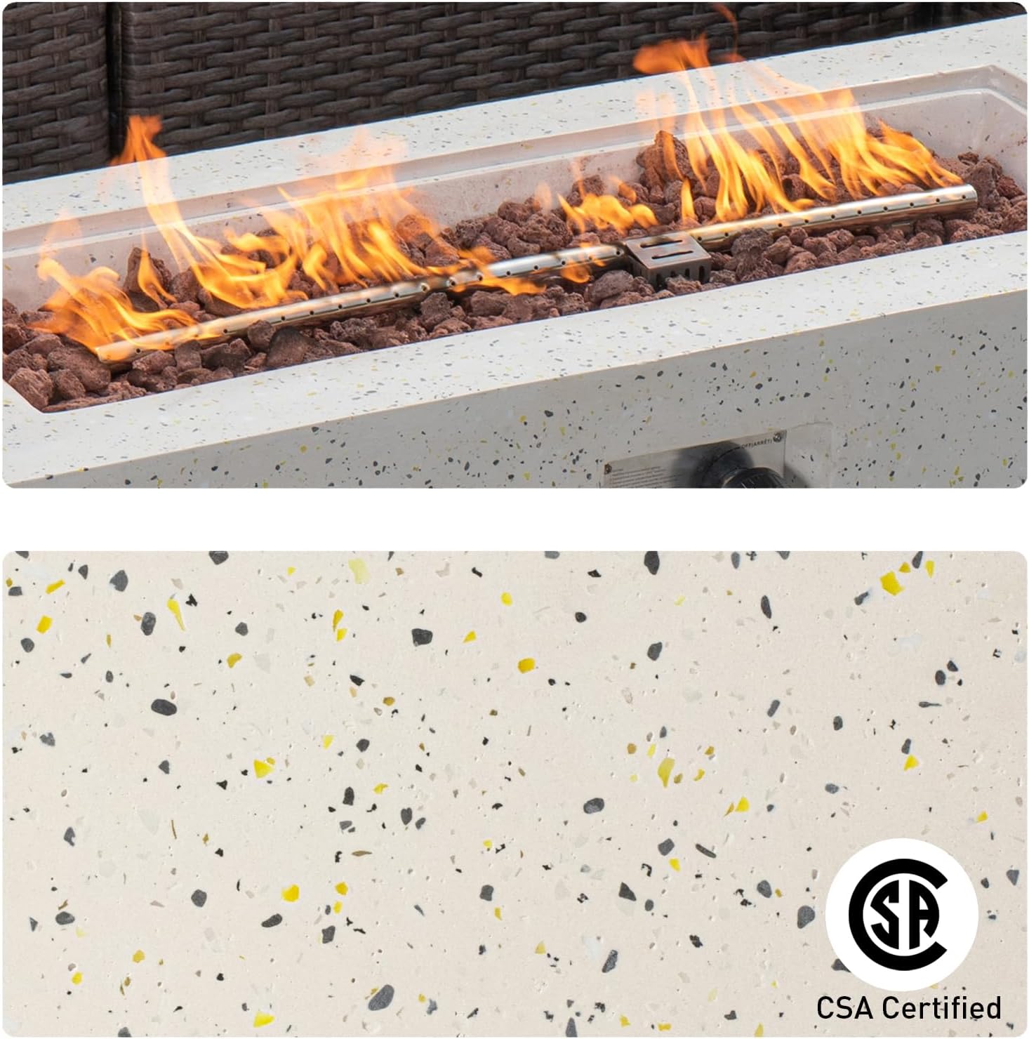 COSIEST Outdoor Propane Fire Pit Coffee Table, 42-inch x 13-inch Terrazzo Rectangle Base Patio Heater w Certified, 50,000 BTU Stainless Steel Burner, Free Lava Rocks and Rain Cover