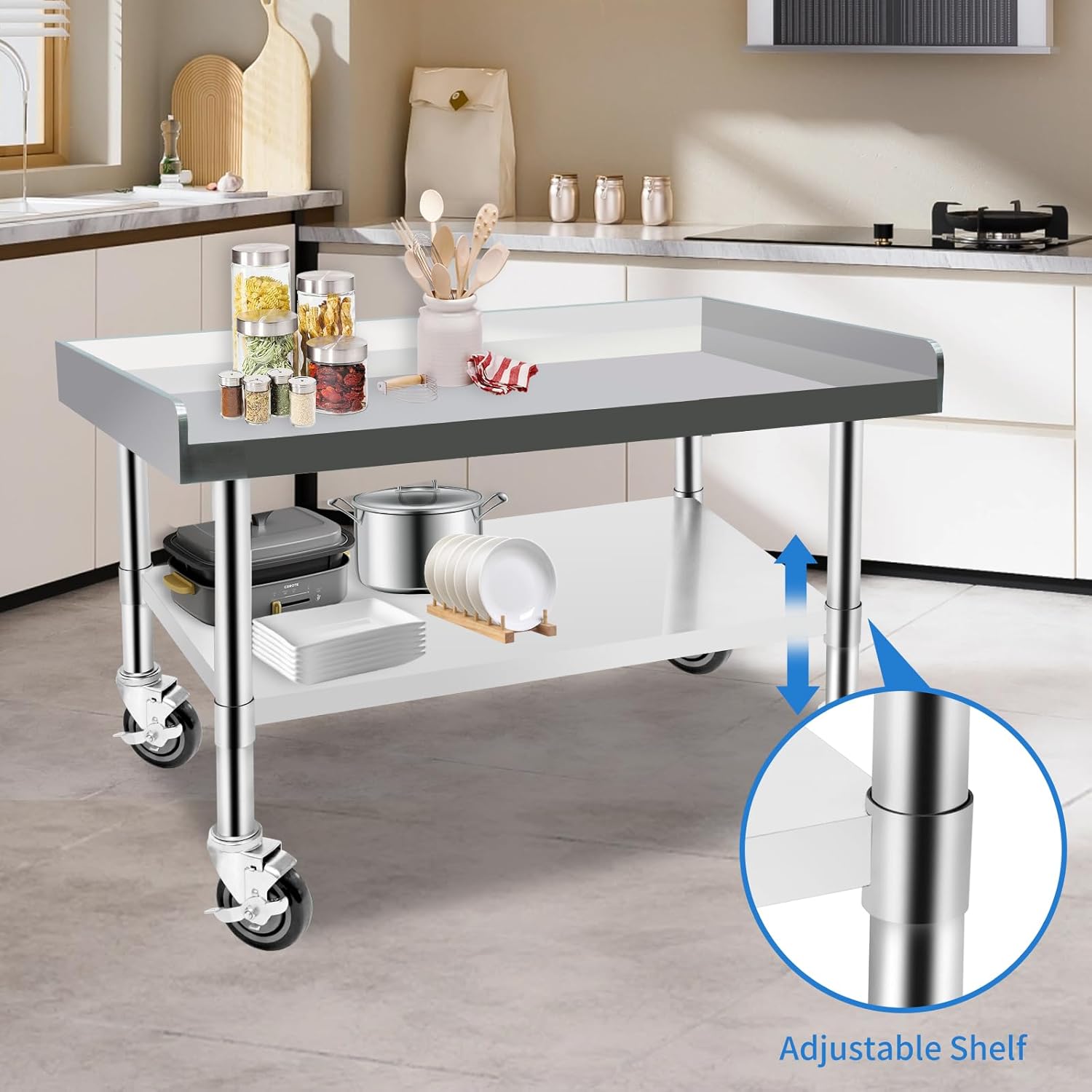 Stainless Steel Worktable with Under Shelf & 360° Lockable Casters - Practical for Commercial Kitchens & Workshops (30 * 36 * 26in)