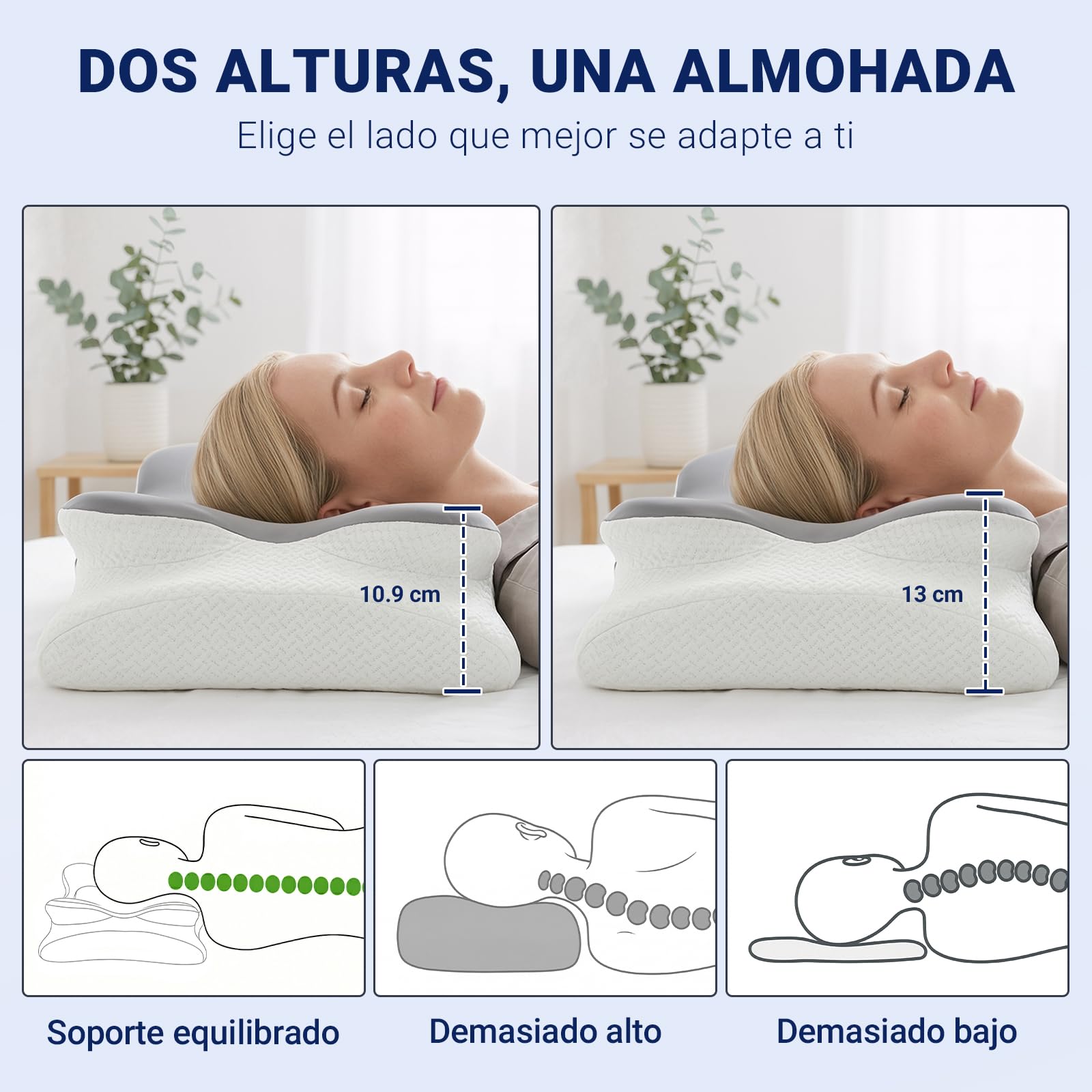 COSYLAND Almohada Cervicales y Cuello - Espuma Viscoelástica, Diseño Mariposa con Soporte Ergonómico y Transpirable, para Dormir de Lado, Boca Arriba y Boca Abajo, 63 x 34 x 11/13 cm, Gris