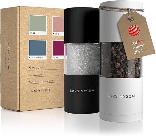 LARS NYSØM Juego de molinillo de sal y pimienta, molinillos de sal y pimienta con molinillo de cerámica ajustable, 2 piezas, diseño manual