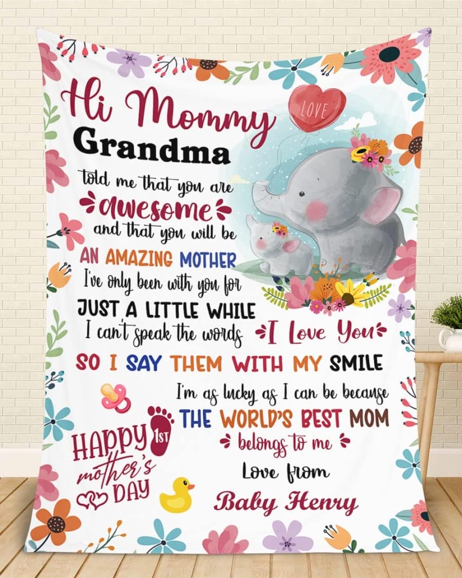 Pamaheart Personalized Mommy Blanket, Mommy and me Elephant, Moms First Mothers Day, My First Mothers Day, Happy First Mothers Day,New mom Gifts, Mothers Day First time A6