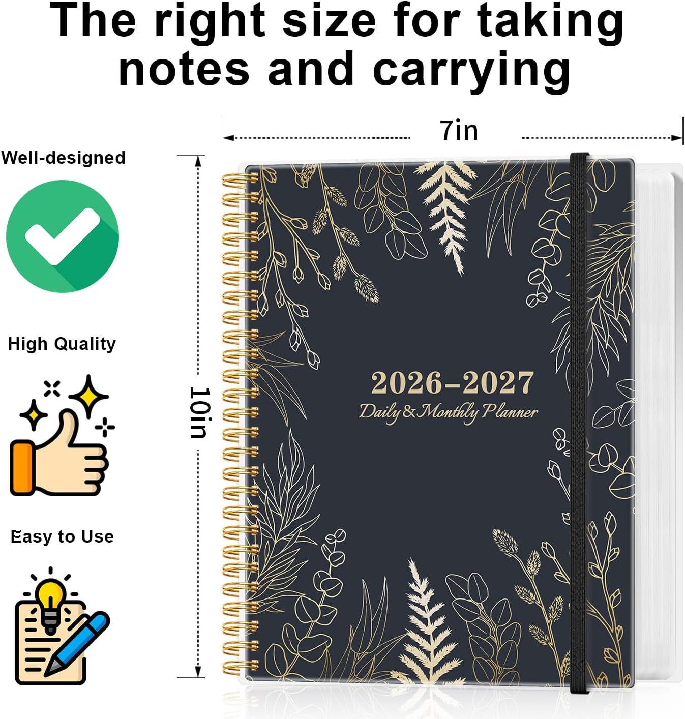 Daily Planner 2026-2027 - Full Page Per Day, July 2026 to June 2026, 2026-2027 Daily Planner with Spiral Bound, Inner Pocket, Perfect for School Office Supplies, 7'' x 10'', White Gold Leaf