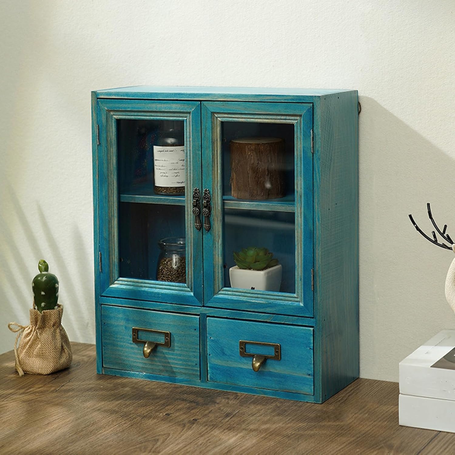 3 Tiers Wooden Storage Cabinet with 2 Drawers and Acrylic Doors,Display Cupboard with 2 Drawers,Countertop Apothecary Cabinets,Blue