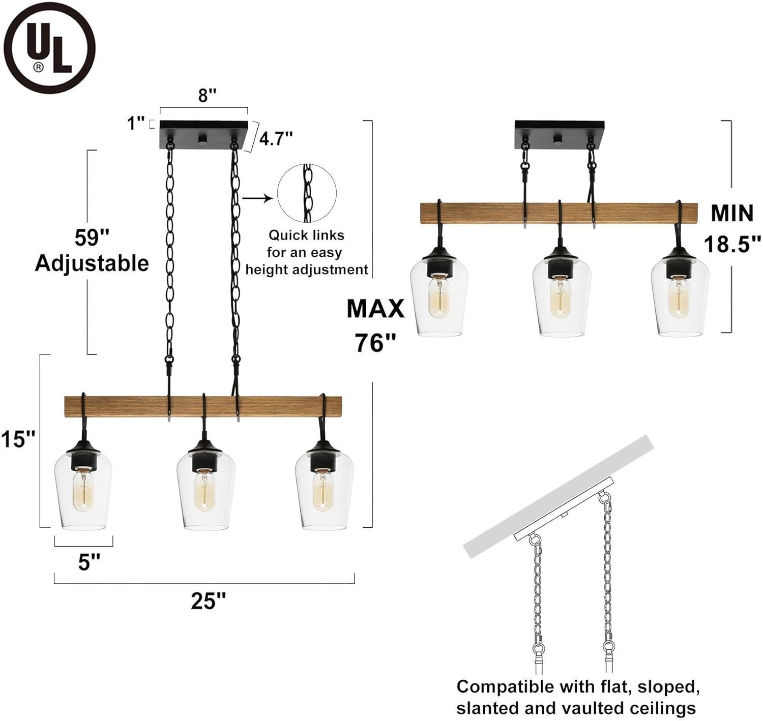 KSANA Farmhouse Chandelier, Black Linear Chandelier for Living Room, Faux Wood Rustic Chandelier with Clear Glass for Dining Room Kitchen Entryway