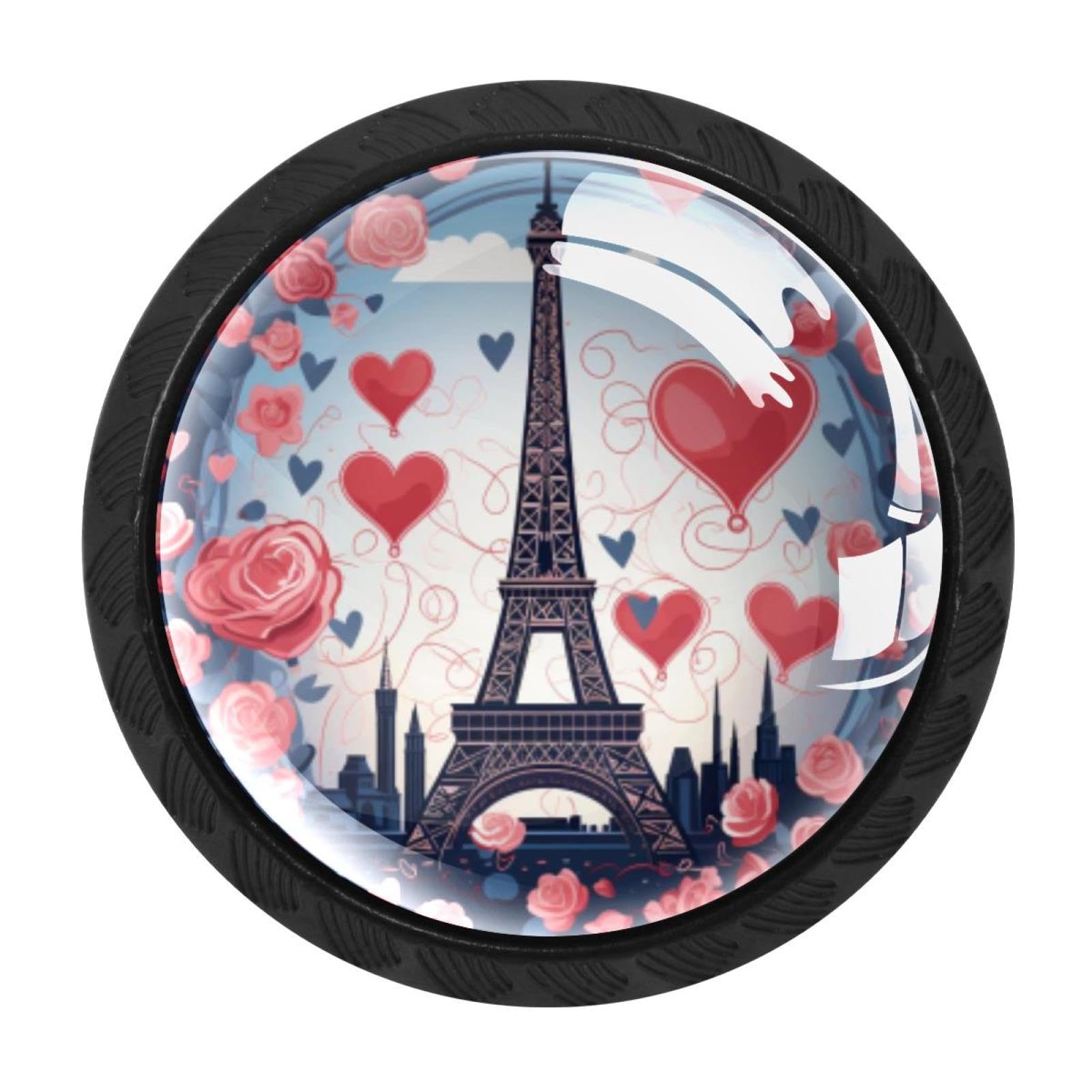 Chenzzzz Multicolored 03 4 Pack Drawer Knobs, Black Handle Dresser Drawer Pulls, Round Decoration Cabinet Hardware Pulls With Screws For Kitchen Cupboard Wardrobe, Eiffel Tower Valentine's Day