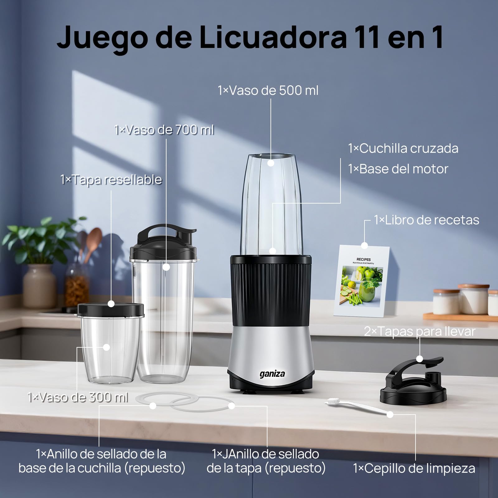 Ganiza Batidora de Vaso, Minilicuadorade 900 W, 25 000 RPM, 3 Vasos Tritan para Llevar (300 ml, 500 ml y 700 ml), 4 Cuchillas Asimétricas, para todo tipo de Batidos y Smoothies