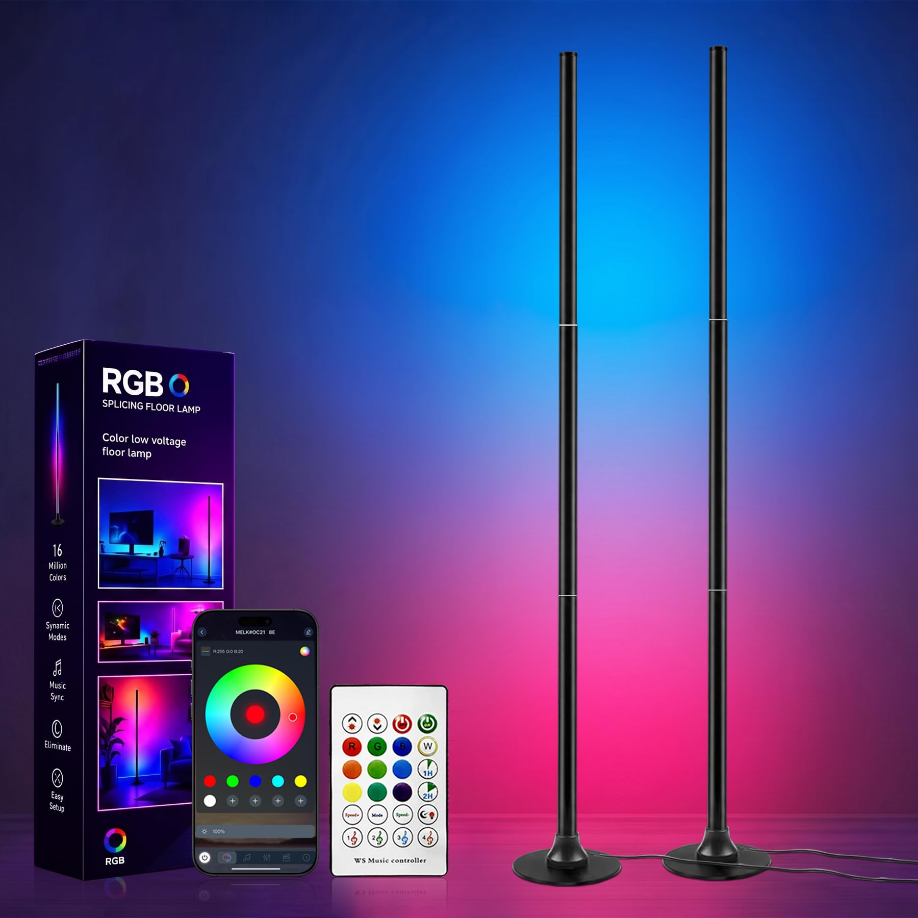 Lampada da terra a LED, lampada angolare a LED RGB con app e telecomando, sincronizzazione musicale, 16 milioni di colori, lampada intelligente per soggiorno, camera da letto e gaming–Confezione da 2