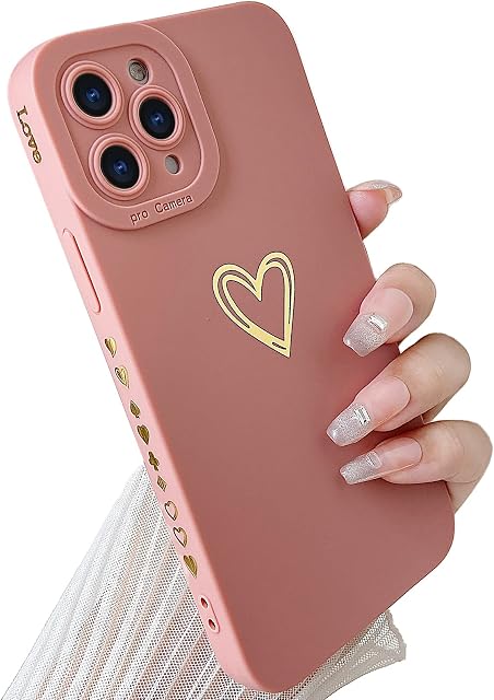 SmoBea Compatible with iphone 11 Pro Case, Cute Gold Heart Pattern Phone Case for Women Girls With Side Small Love Pattern Silicone Protective Shockproof Phone Case (pink)