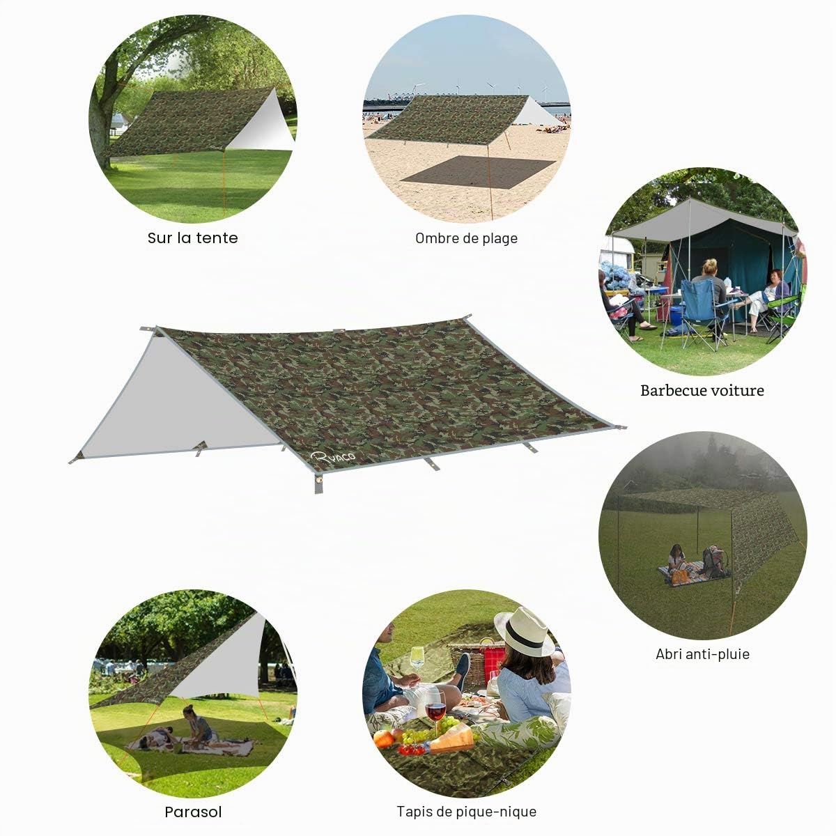 RYACO Bâche Anti-Pluie,3M x 4M Camping Bâche Rain Tarp Toile de Tente Imperméable Abri de Randonnée Pliable Portable Grande Taille avec Zippées et Poche en Filet pour Bouteille d'eau pour Picnic