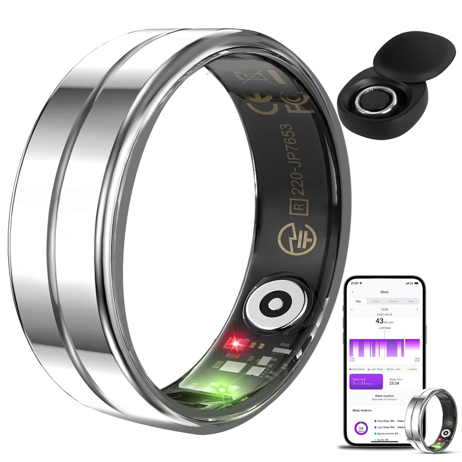 Roadtime Smart Ring Heart Rate Monitor Blood Pressure Ring Sleep Tracker Blood Oxygen Health Ring Pedometer Step Counter Calories Remote Camera Fitness Rings with Charging Case (Sliver 11# 20.7mm)