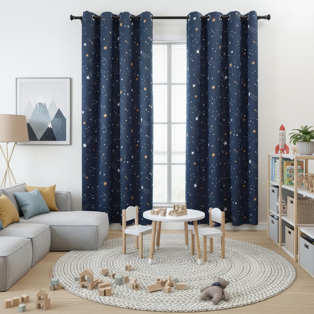 L.Z.E Gardinen Vorhänge Verdunklung für Kinder Schlafzimmer Wohnzimmer, Dunkelblau Sternenhimmel Gardine Vorhang, 245 cm Lang mit Ösen, 2er Set 80-85% Abdunkelnd Blickdicht Ösenschals (LZE2260E-NV245)