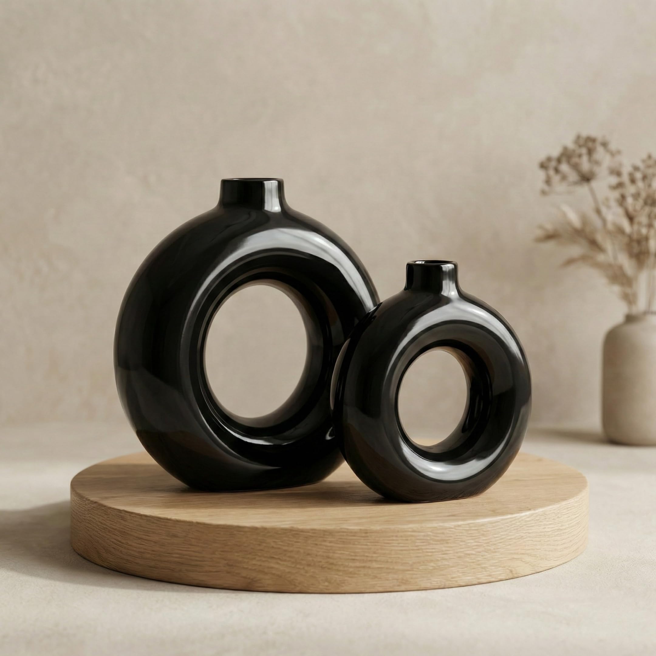 Spangle Zone Set of 2 Glossy Black Ceramic Donut Vases (8 Inch & 6 Inch) – Modern Round Ring Flower Pots for Living Room, Bedroom & Center Table Decor – Nordic Aesthetic Combo-image-41
