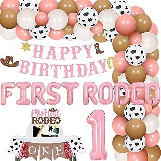 First Rodeo Birthday Party Decoration Western Cowgirl 1st Birthday Balloon Garland Kit with Cowgirl Happy Birthday Banner My First Rodeo Cake Topper for Western Theme Bday Party Supplies