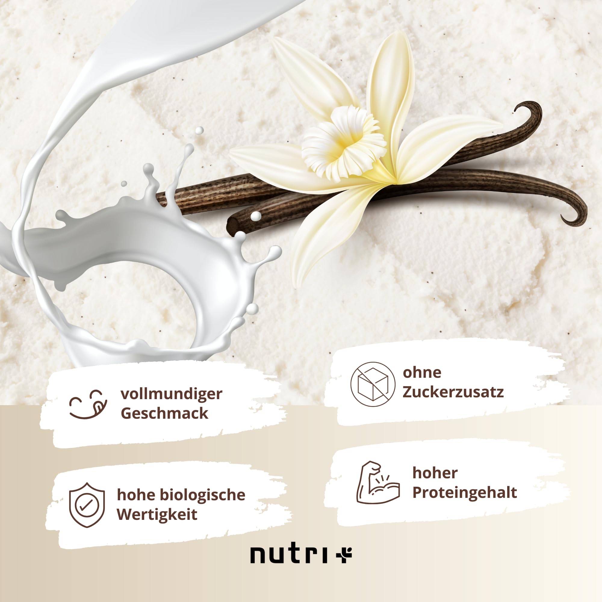 Nutri + Vegan Protein Pulver Vanille 1 kg 81% Eiweiß - 3k Proteinpulver 1000 g - Shake Vanilla Cream Flavor - pflanzliches Eiweißpulver ohne Zucker