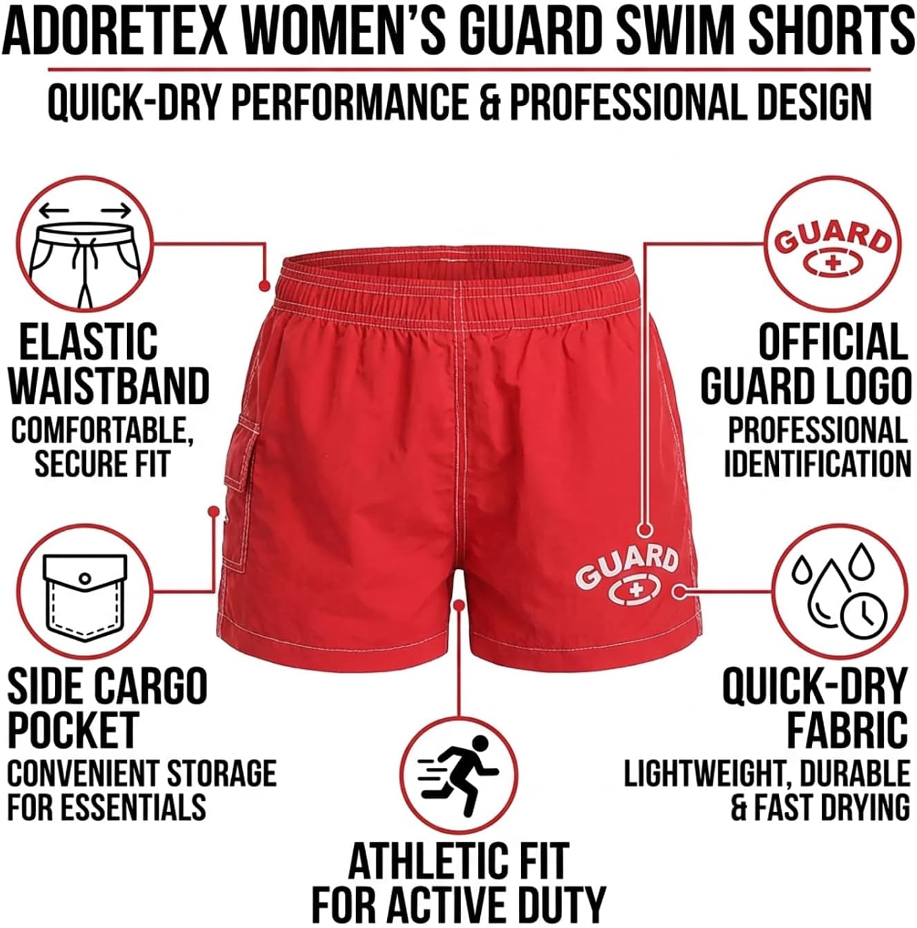 Adoretex Women's Guard Athletic Quick Dry Swim Board Shorts, 3" Inseam Lightweight Elastic Waistband Board Shorts