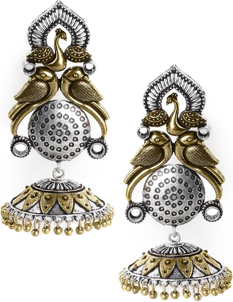 Silver-Plated Gold-Toned Handcrafted Oxidised Peacock Shaped Jhumkas