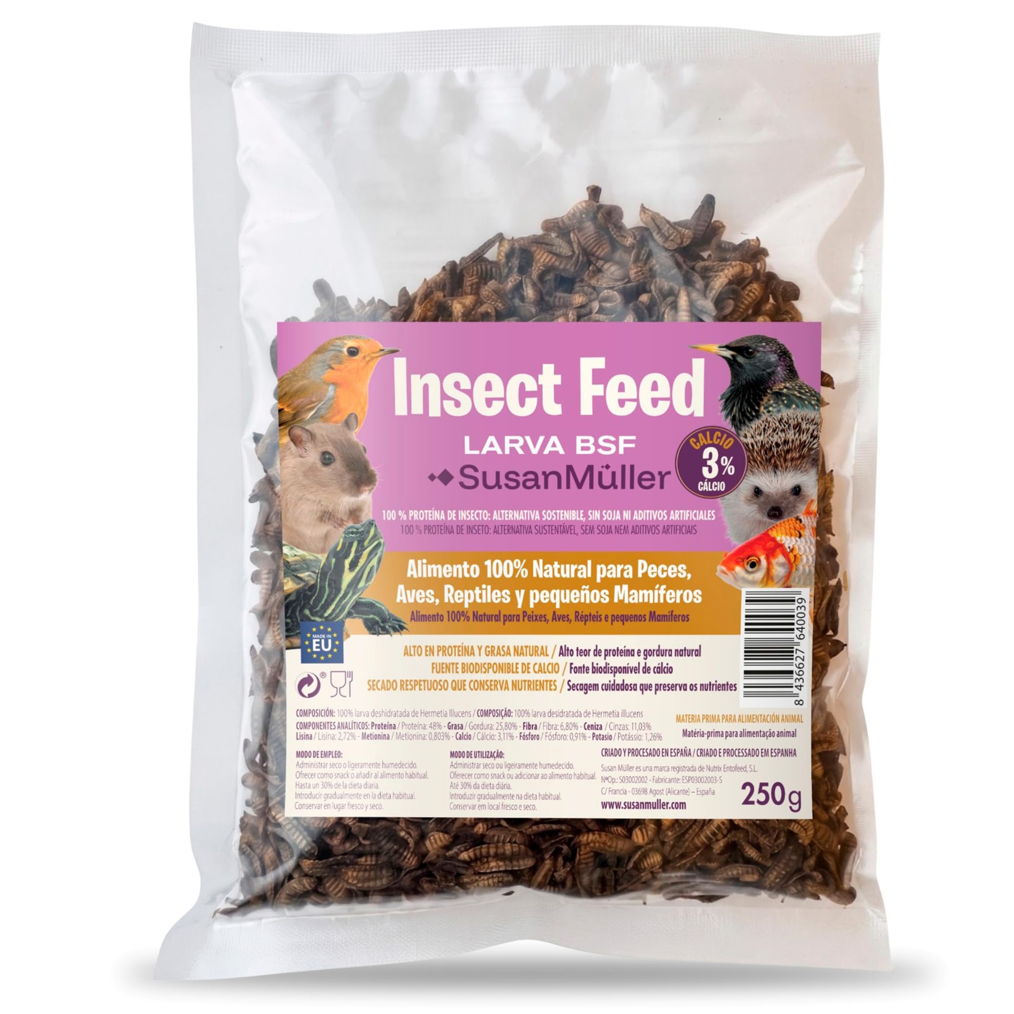 Larvas de Mosca Soldado Negra Deshidratadas - Proteína Natural para Reptiles, Aves y Peces, Alta Densidad Nutricional, Sin Aditivos, Envase Reciclable - Bolsa 250 g
