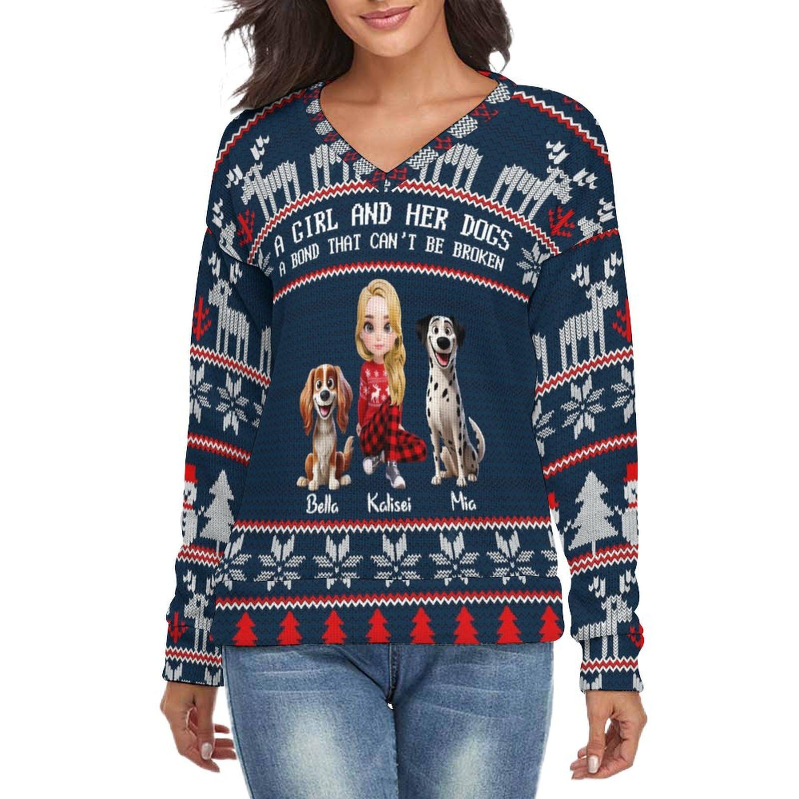A Girl And Her Dog A Bond That Can't Be Broken Ugly Sweatshirt,Personalized Christmas Sweatshirts,Custom Sweaters with Woman and Dogs Cartoon Design,Christmas Birthday Gift For Dogs Mom Dog Lovers