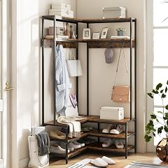 Giantex Corner Coat Rack with Shoe Bench L-Shaped Garment Rack with 5 Shelves 7 Hooks Heavy Duty Freestanding
