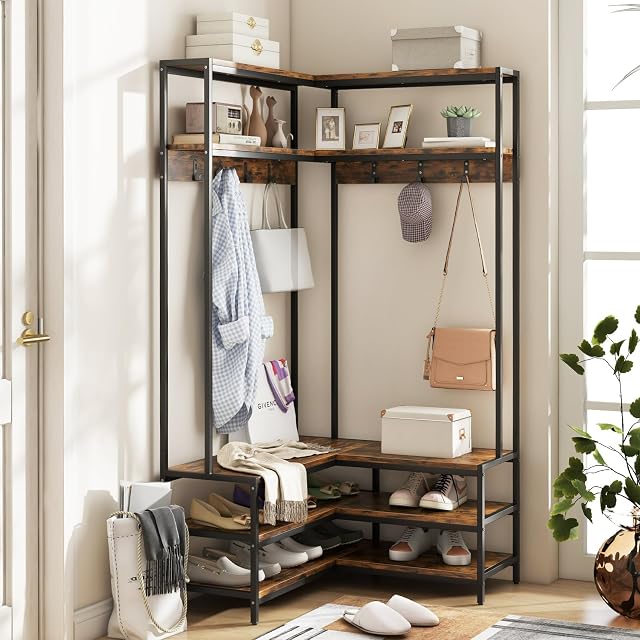 Giantex Corner Coat Rack with Shoe Bench L-Shaped Garment Rack with 5 Shelves 7 Hooks Heavy Duty Freestanding
